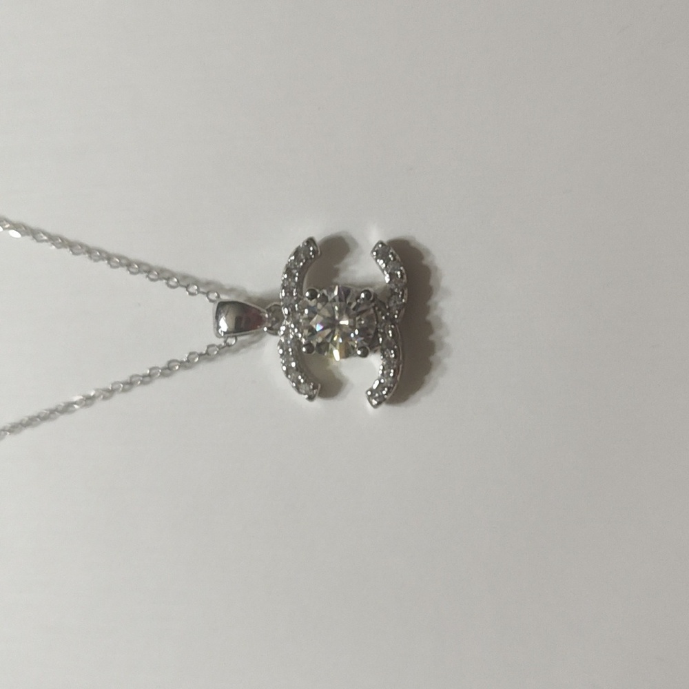 Chanel Moissanite CC 1 Carat Sterling Silver 925 Pendant 18 In Extender Necklace - Picture 3 of 5